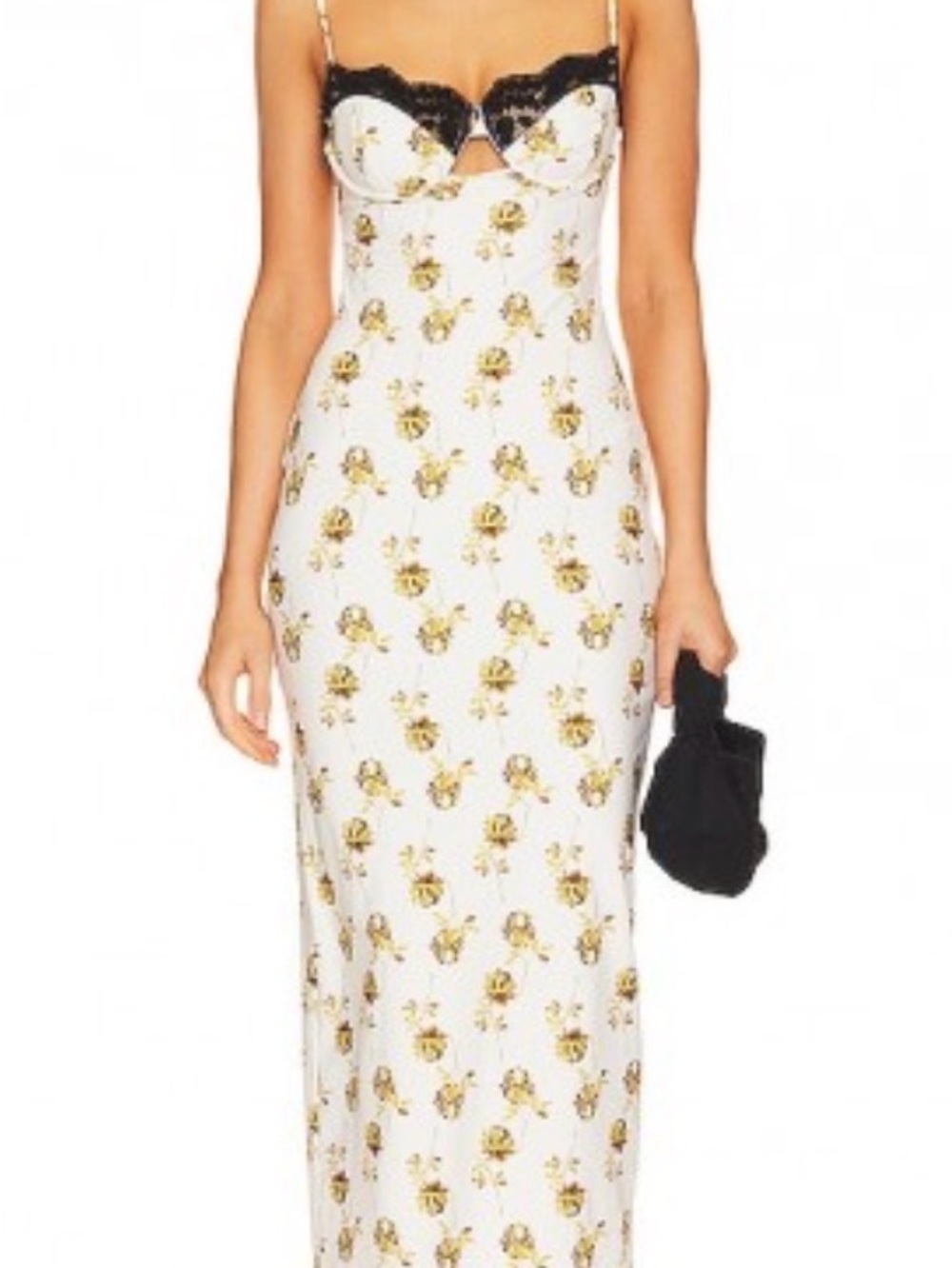 Montce White Floral Maxi Slip Dress with Black Lace Trim - Picture 1 of 1